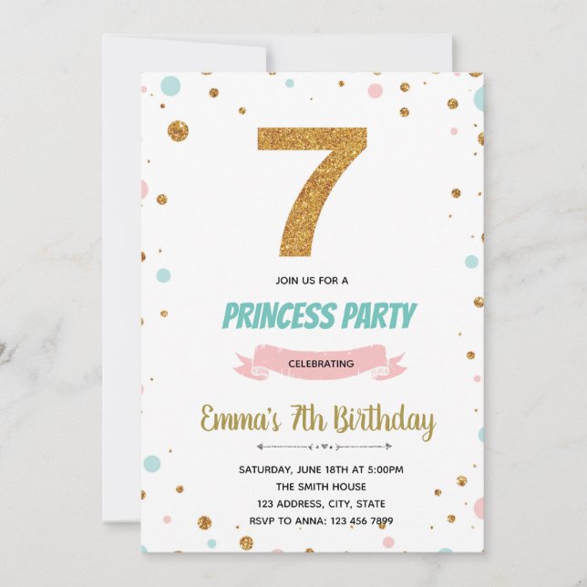 Convite para 7 de aniversário de confetti Glitter (Frente)