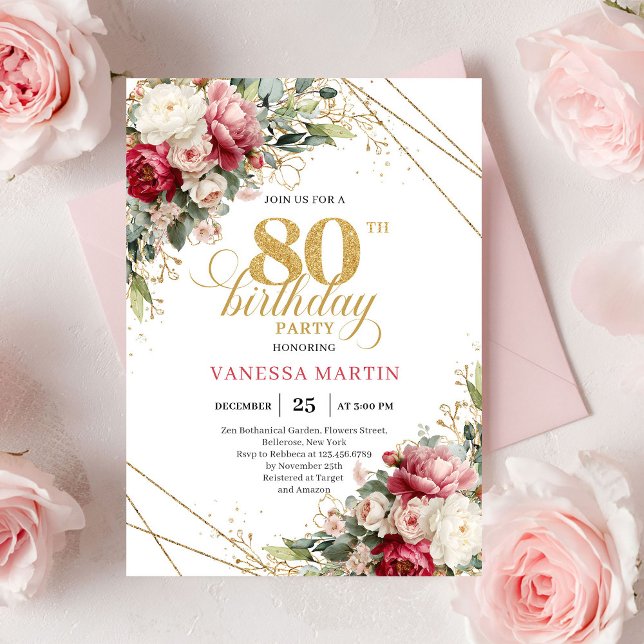 Convite para 80 anos Timeless Blush Burgundy Green (Timeless Blush Burgundy Greenery 80th Invite)