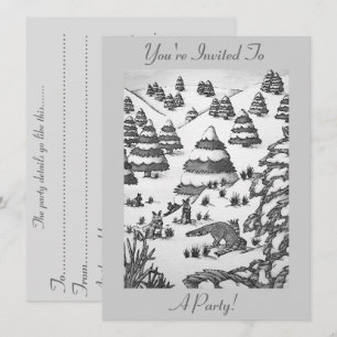 convite para a cena de neve de inverno de raposa e