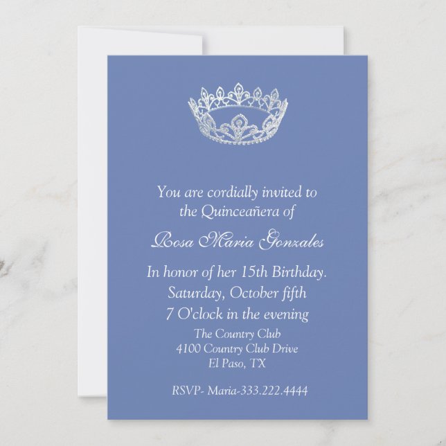 Convite para a Coroa Elegante Azul Quinceañera (Frente)