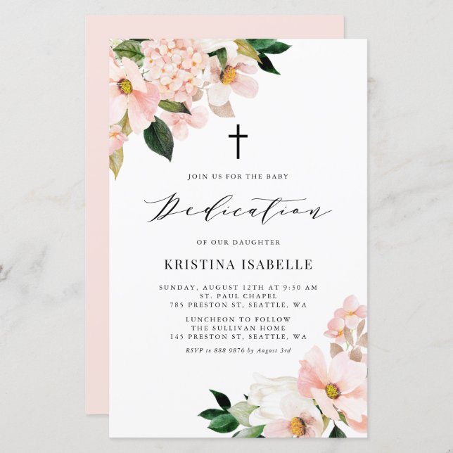 Convite para a Dedicação de Bebês, Magolia Rosa e  (Frente/Verso)