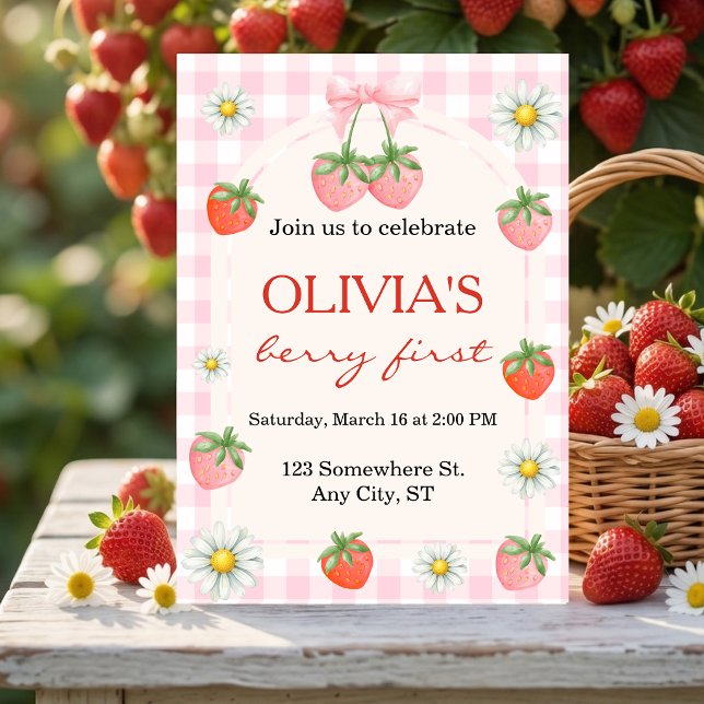 Convite para a Festa de 1º Aniversário de Berry co (Berry 1st Birthday Strawberry Photo Invitation)