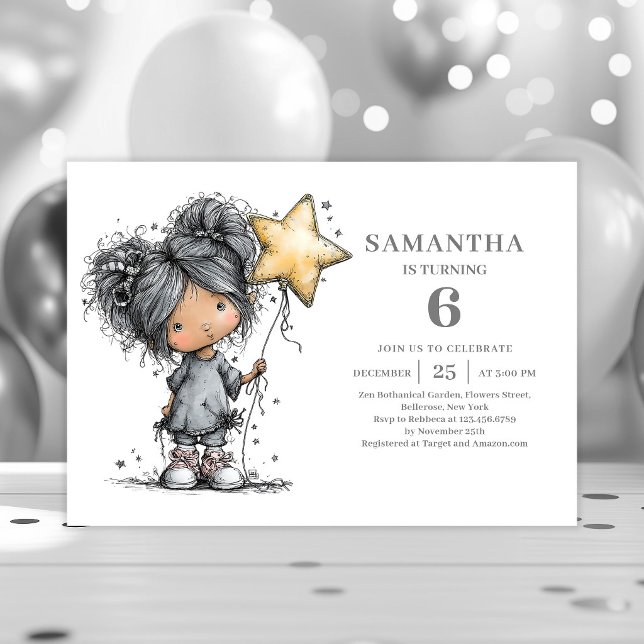 Convite para a festa de 5 anos da Menina Caprichos (Whimsy Girl 5th Birthday Black Gold Party invitation)