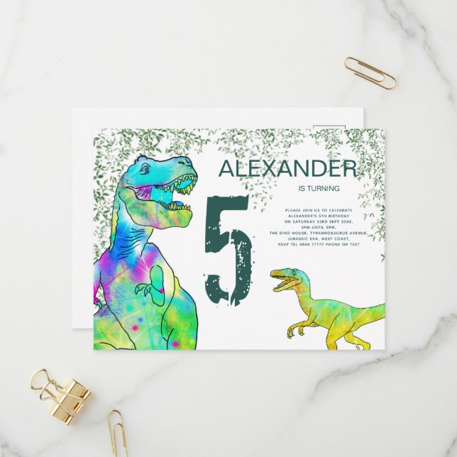 Convite para a Festa de 5 Anos do Dinossauro T Rex (Frente/Verso In Situ)