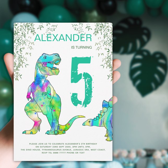 Convite para a Festa de 5 Anos na Selva dos Dinoss (Colorful dinosaur birthday party invitation )