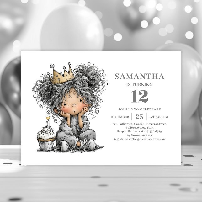 Convite para a festa de 6 anos da menina excêntric (Quirky Girl 6th Birthday Black Gold Party invitation)