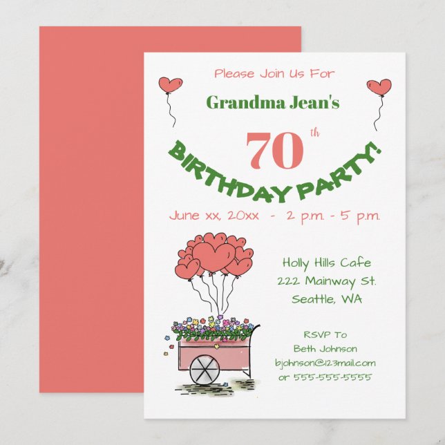Convite para a Festa de 70 Anos - Avó Corações (Frente/Verso)