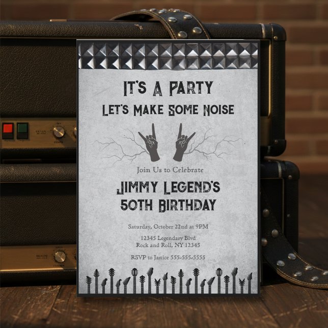 Convite para a Festa de Aniversário de 50 anos do  (It's a Party! Let's Make Some Noise with this Rockstar Guitarist 50th Birthday Invitation)