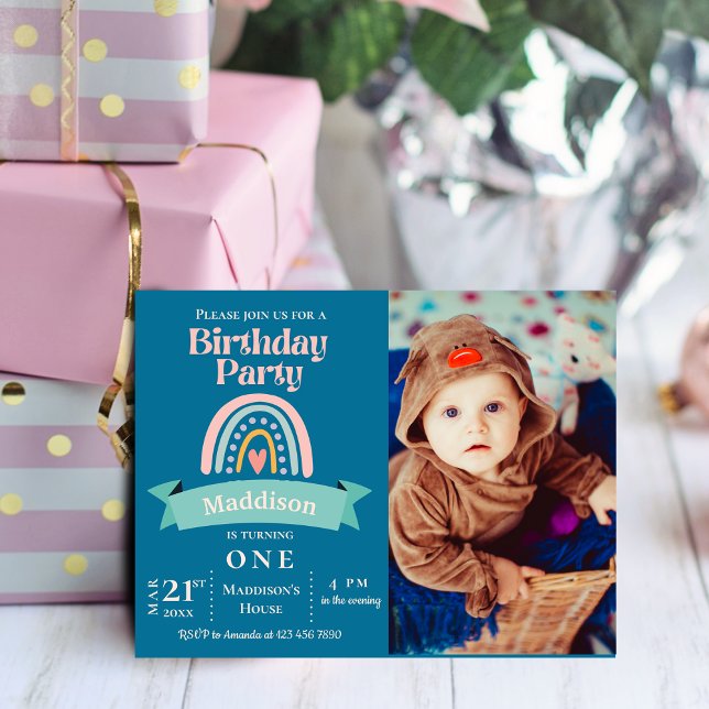 Convite para a Festa de Aniversário de Milestone d (Unicorn Rainbow Photo Birthday Party Invitation Postcard)