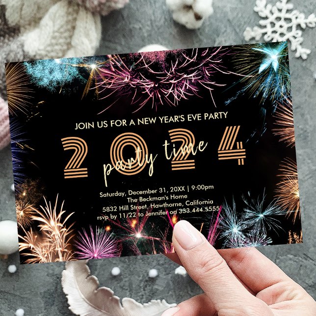 Convite para a Festa de Ano Novo com Fogos de Ouro (2024 Gold Fireworks New Year's Eve Party Invitation)