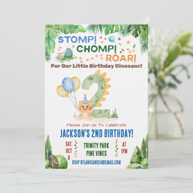 Convite para a Festa de Dois Anos do Dinossauro (Em pé/Frente)