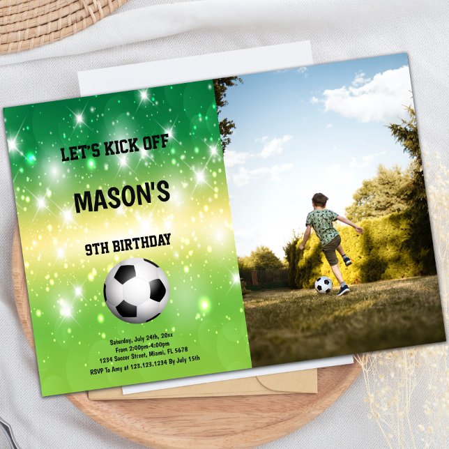 Convite para a Festa de Futebol Brilhante (Ball in Center Shine Soccer Birthday Photo Invitation)