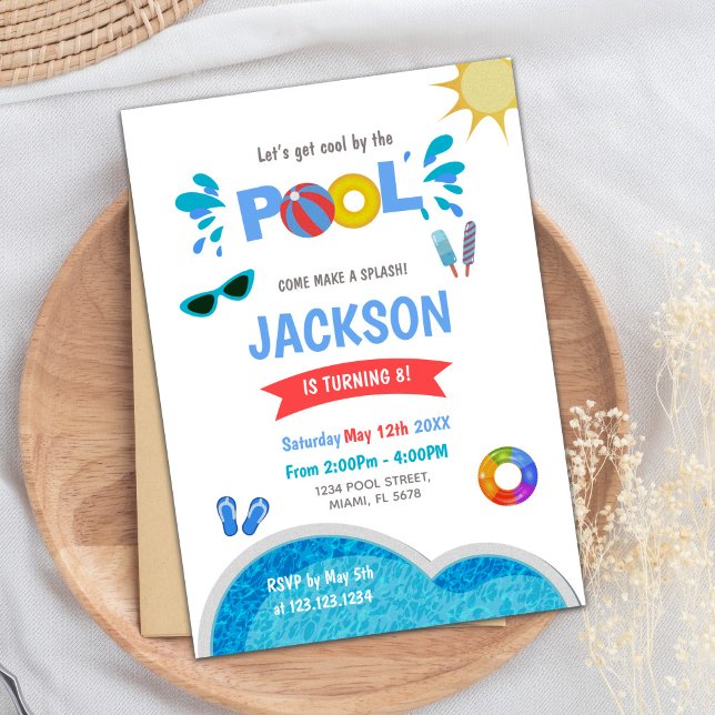 Convite para a Festa de Natação de Verão Legal edi (Blue sunglass Pool Birthday Invitations)