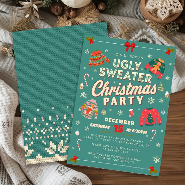 Convite para a Festa de Natal com Suéter Feio Verd (Retro teal ugly sweater Christmas party invitation with knit pattern and festive holiday decor.)