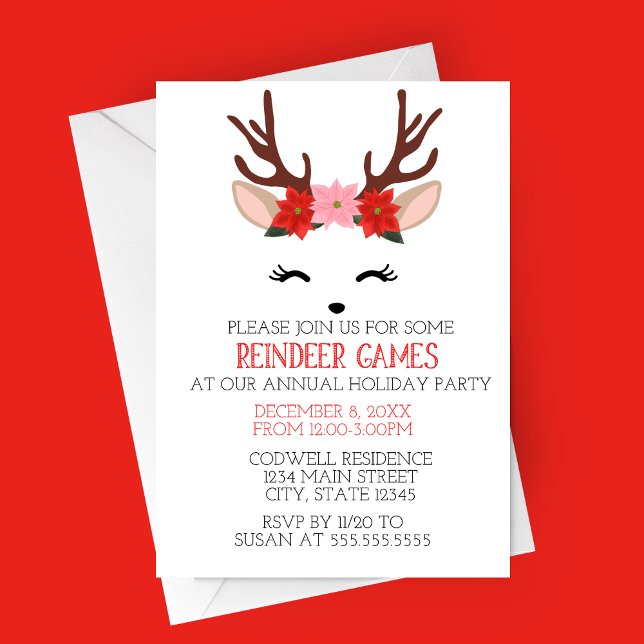Convite para a Festa de Natal Reindeer Games (Reindeer Games Minimalist Holiday Party Invitation | Deer with Flower Crown | Christmas Party)