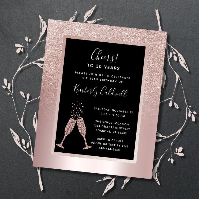 Convite para a Festa de Tosta de Champagne de aniv (30th Birthday Party Invitation Blush Rose Gold Glitter Champagne Toast)