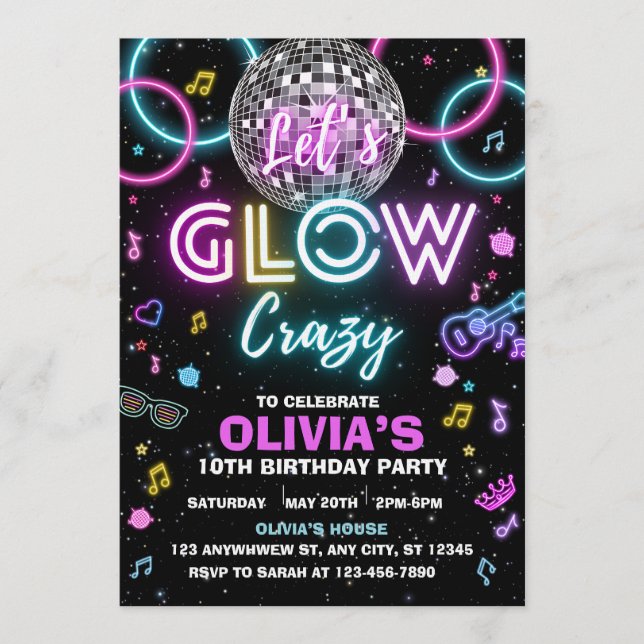 Convite para a festa disco Let's Glow Crazy - bola (Frente)