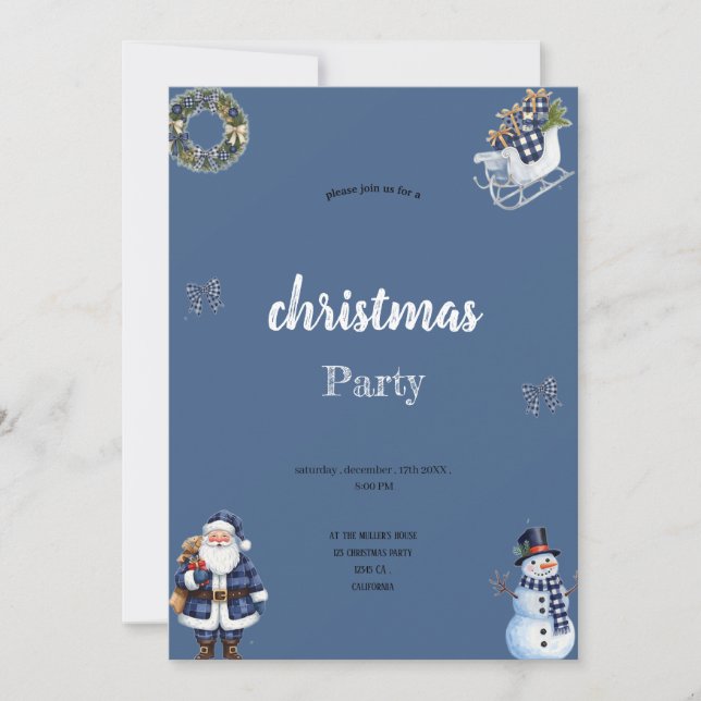 convite para a festa do Papai Noel azul e branco (Frente)