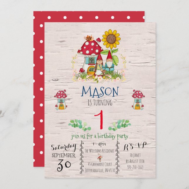 Convite para a festa do tema Gnome Woodland (Frente/Verso)