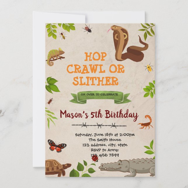convite para a festa do tema réptil de inseto inse (Frente)