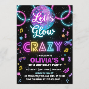 Convite para a festa Let's Glow Crazy - bola de di