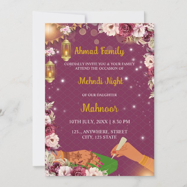 Convite para a Noite de Mehndi Muçulmana, Convite  (Frente)