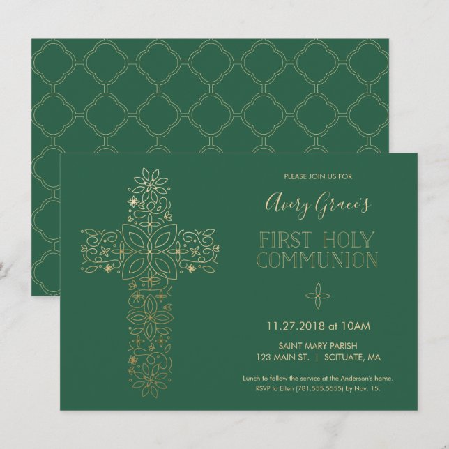 Convite para a Primeira Comunhão, Dourado Cross Co (Frente/Verso)
