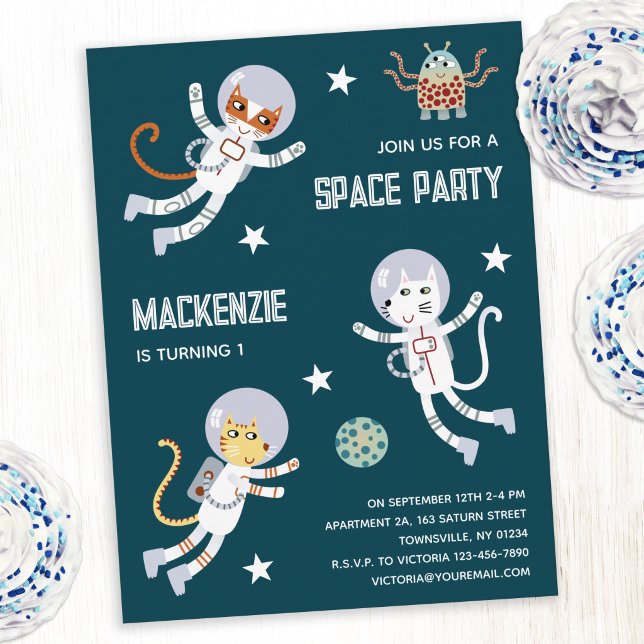 Convite para a Primeira Festa de Aniversário dos S (Fun space cat first birthday party invitation postcard)