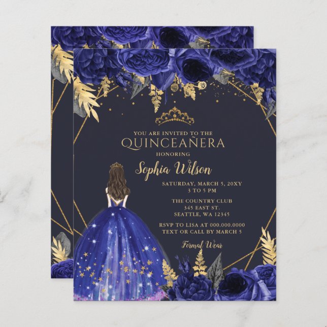 Convite para a Princesa Azul Quinceañera (Frente/Verso)