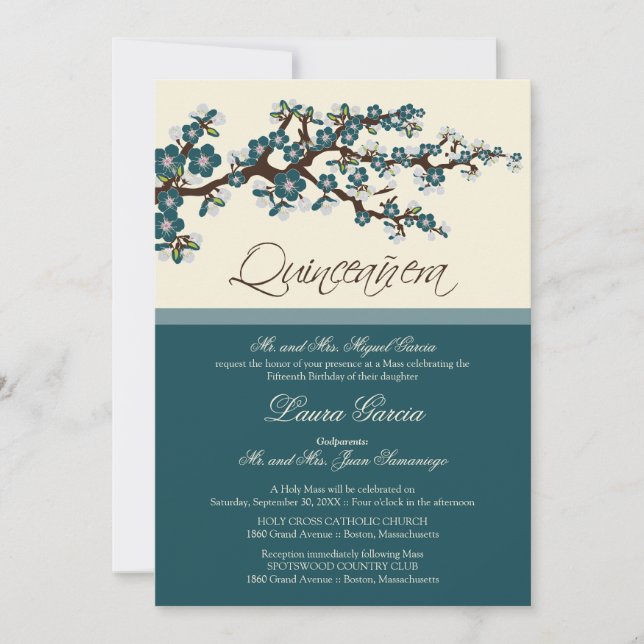 Convite para a quinceanera de flores de cereja (te (Frente)