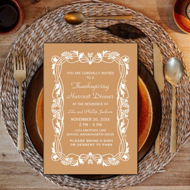 Convite para Ação de Graças da Fronteira Elegante  (Brown Elegant Border Thanksgiving Invite)