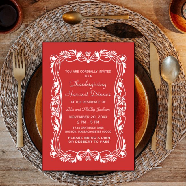 Convite para Ação de Graças da Fronteira Elegante  (Red Elegant Border Thanksgiving Invite)