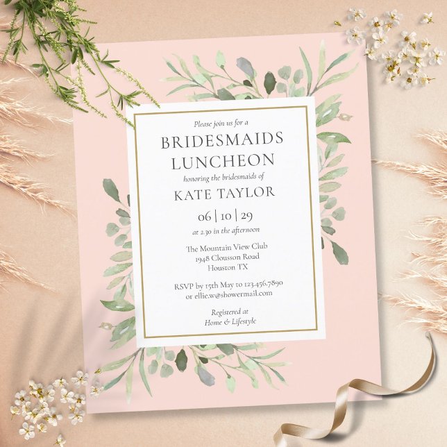 Convite para Almoço de Noivas com Folhagem Cor-de- (Budget Foliage Pink Bridesmaids Luncheon Invite)