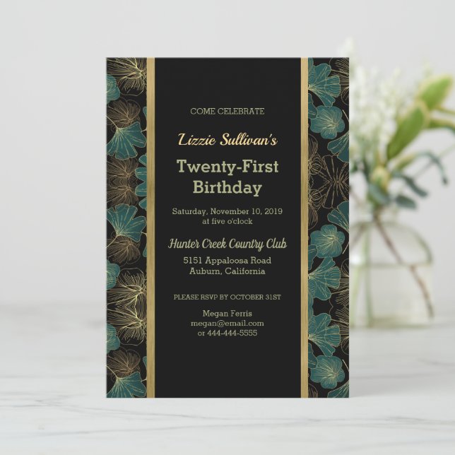 Convite para Aniversário Botânico Chic Teal (Em pé/Frente)
