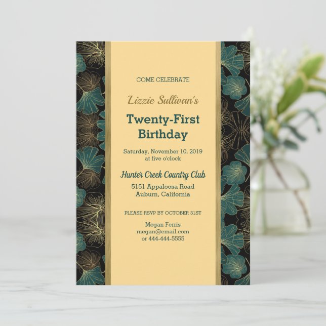 Convite para Aniversário Botânico Chic Teal (Em pé/Frente)
