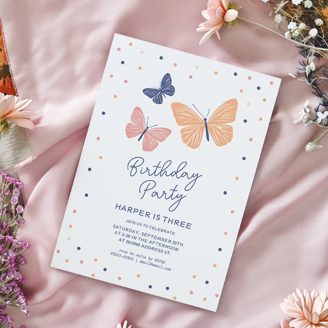 Convite para Aniversário da Borboleta Simples Mode (Simple and modern birthday invitation featuring butterflies and elegant typography.)