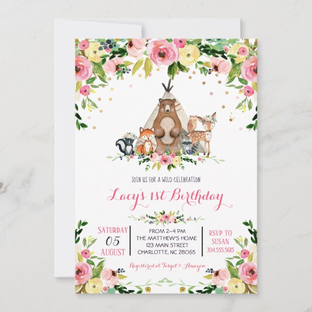 convite para aniversário da garota Woodland (Frente)