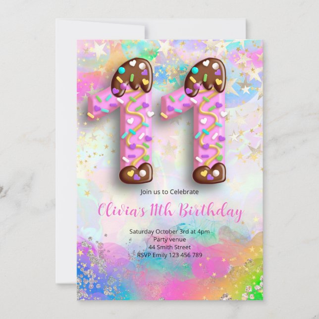 Convite para Aniversário de 11 Anos para Meninas (Frente)