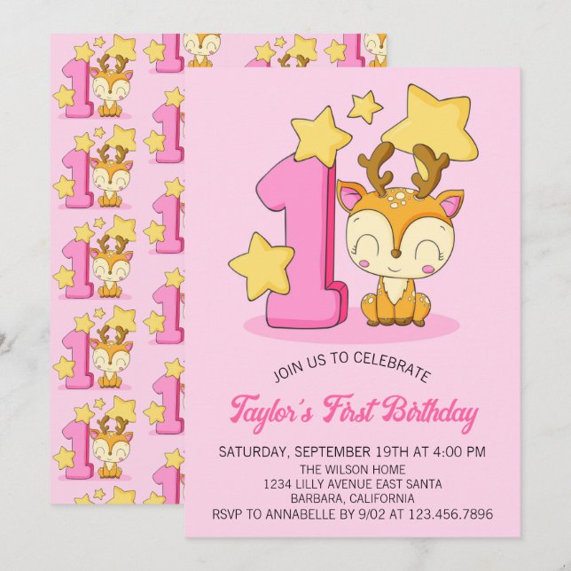 Convite para Aniversário de 1 ano do Bebê Veado Fo (Frente/Verso)