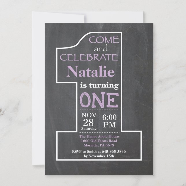 Convite para Aniversário de 1 Ano Menina Quadro Ne (Frente)