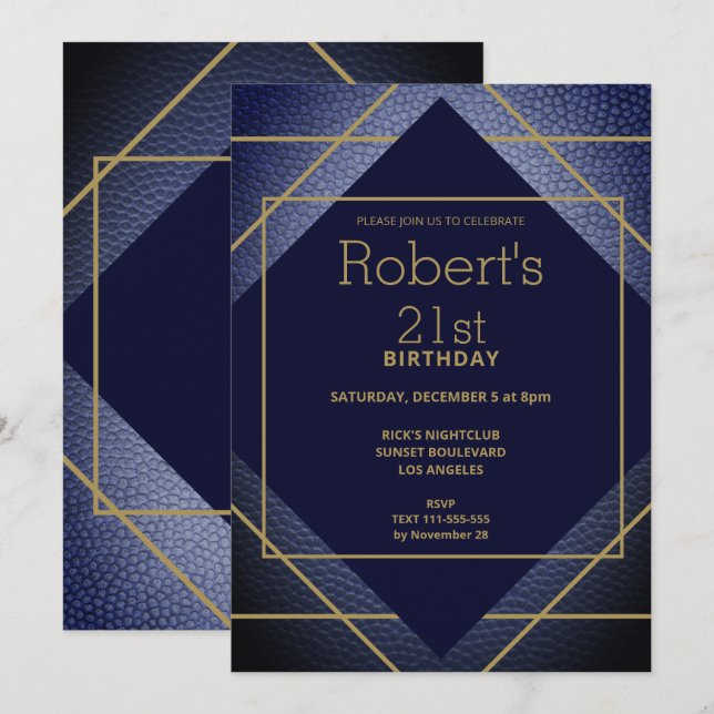Convite para aniversário de 21 anos de couro azul  (Frente/Verso)