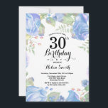 Convite para aniversário de 30 anos de Azul Botâni<br><div class="desc">Convite para aniversário de 30 anos Floral Azul Botânico Convite à Mulher para o Aniversário de Peões Rosa Floral Flor Floral de Aquarela. Rosa Rosa Rosa Elegante e Flores de Pêonias. Aniversário Adulto. Fundo Branco. Preto & Branco. 13 15 16º 18º 20 21rua 30 40º 50º 60º 80 de 70...</div>