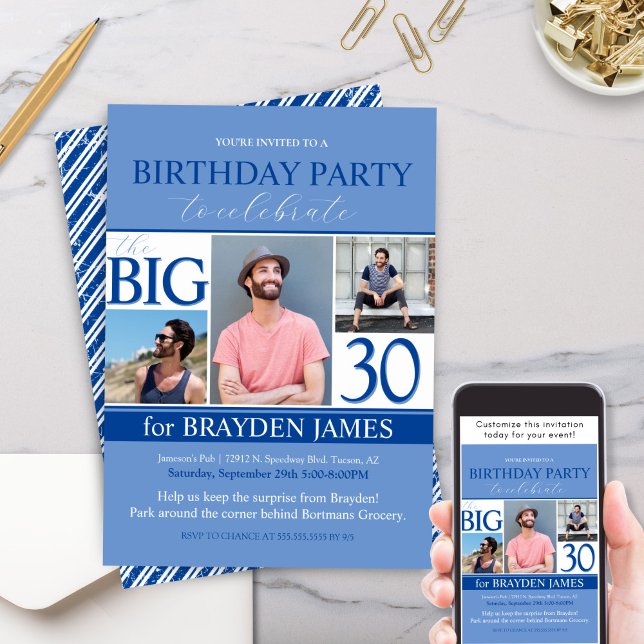 Convite para aniversário de 30 anos de Colagem de  (Modern Simple Blue Photo Collage Birthday Party invitation for 30th or any birthday September blue)