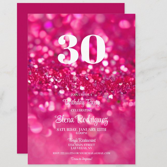 Convite para aniversário de 30 anos de Glitter Gli (Hot Pink Glitter 30th Birthday Party Invitation, Girly, Feminine, 30)