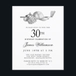 Convite para aniversário de 30 anos de Golfe Branc<br><div class="desc">Aniversário elegante preto e branco para um golfista. O topo do convite é decorado com acessórios de golfe - um clube de golfe, bola de golfe, chapéu e luvas. A design de aquarela cria uma estética tradicional e clássica. Perfeito para uma festa de aniversário no clube ou um CHURRASCO de...</div>