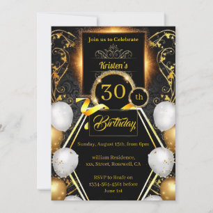 Convite para aniversário de 30 anos Dourado e pret