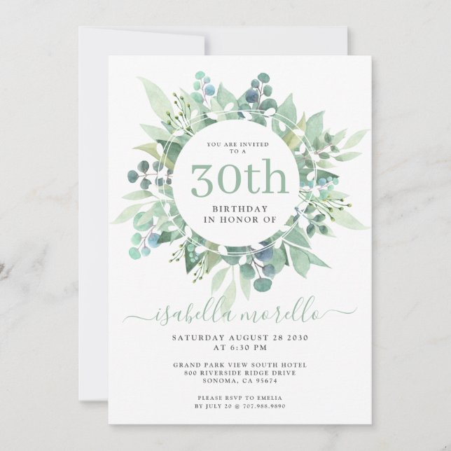 Convite para aniversário de 30 anos Eucalyptus (Frente)