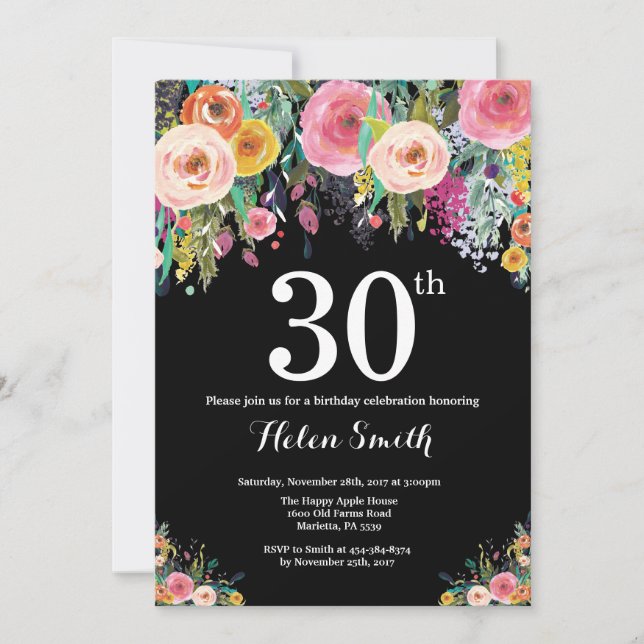 Convite para aniversário de 30 anos Floral (Frente)