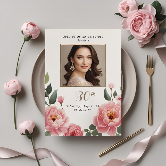Convite para aniversário de 30 anos Floral com Fot (Criador carregado)