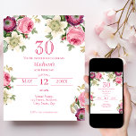 Convite para aniversário de 30 anos Floral Rosa<br><div class="desc">Procurando o convite perfeito para o seu próximo aniversário de 30 anos bash? Não olhe mais do que estes adoráveis convites florais cor-de-rosa! Com um delicado e belo design com rosas de aquarela bonito, anêmonas e clematis com fontes elegantes, estes convites impressionarão todos os seus convidados. Disponível para personalizar e...</div>